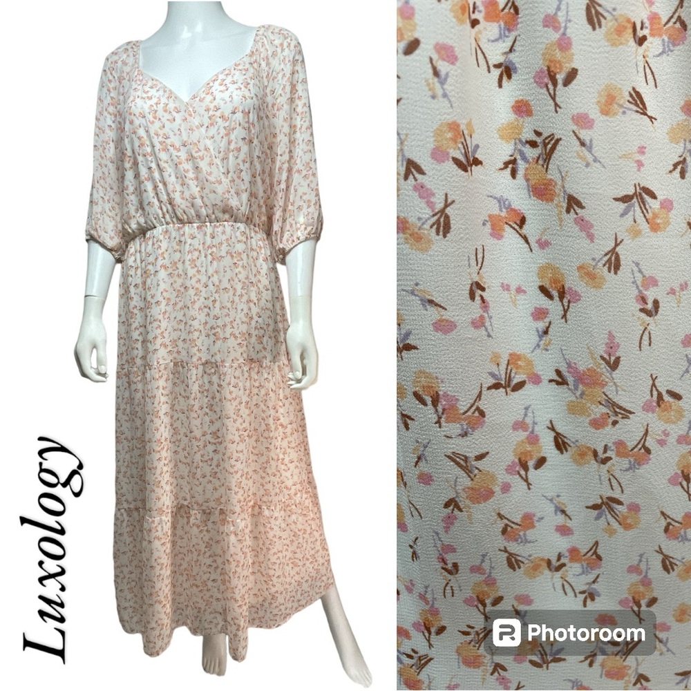 Luxology Floral Chiffon Cottagecore Tiered Puff Sleeve Maxi Dress Size M